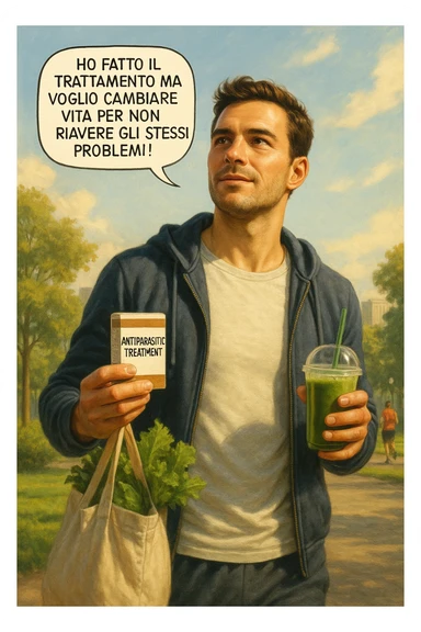 A realistic, cinematic illustration of a man in his early 30s with a determined and hopeful expression, standing outside under a bright morning sky, holding a small box labeled 'Antiparasitic Treatment' in one hand, while in the other hand he holds a fresh green smoothie or a bag of vegetables. A speech bubble near him says: ‘Ho fatto il trattamento ma voglio cambiare vita per non riavere gli stessi problemi!’ The man is wearing casual but clean and sporty clothing, symbolizing a fresh start, with the background showing a city park with green trees, morning light, and people jogging, indicating a healthy lifestyle. The atmosphere is bright, uplifting, and motivating, clearly illustrating the transition from treatment to lifestyle change to prevent future health issues. The style is realistic with warm tones, showing positive energy and commitment to change in italiano sticker