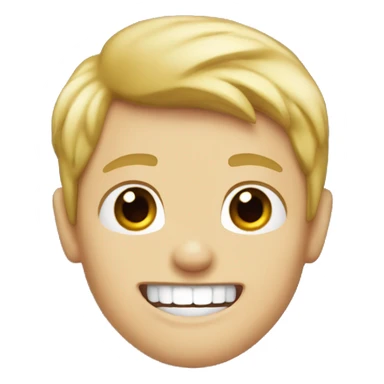 a boy with blond hair, red eyes and sharp teeth with a smile sticker