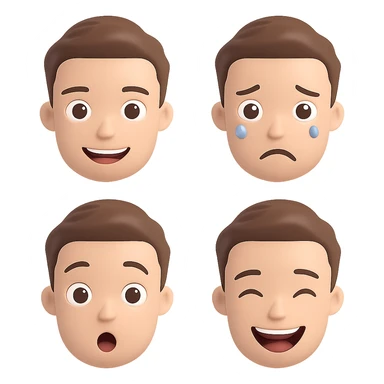 Create a set of emoji faces from this 3D cartoon male character in a Bitmoji-like style. Include happy, sad, surprised, and laughing expressions. The emojis should be suitable for emoji use with a transparent background. sticker