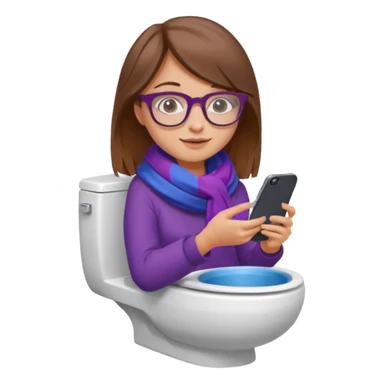 Fille châtain peau blanche avec lunettes. Elle porte une grosse écharpe violette, bleu et orange. Elle assise dans une cuvette de toilette. Téléphone en main. Realiste sticker