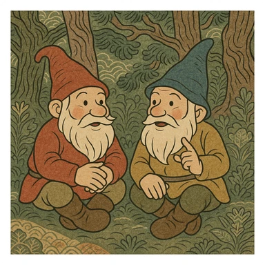 two gnomes in a forest, sitting next to each other, talking, magical realism, traditional Japanese illustration, ukiyo-e style sticker