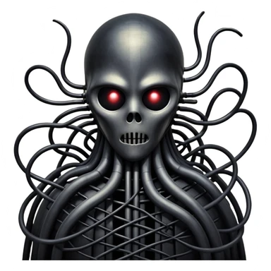 network of dark black wires and tubes forming a surreal creature, Giger and Silent Hill horror sticker