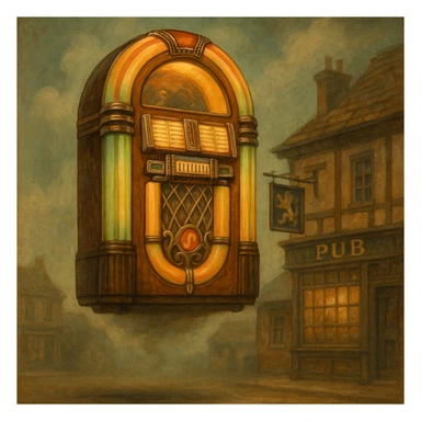 A vintage jukebox floating in the air, whimsical and slightly surreal, traditional English pub theme sticker