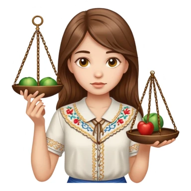 A Ukrainian girl with brown hair in an embroidered shirt holds the scales of truth in her hand sticker