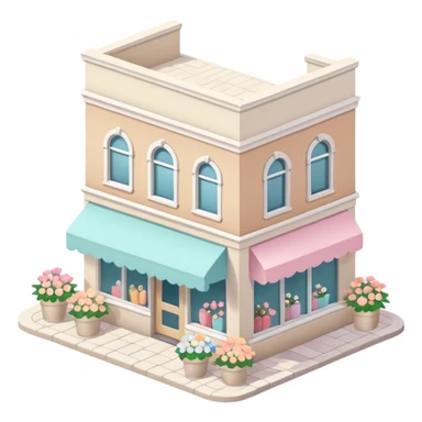 isometric exterior little beige and white shop with abundant pastel florals everywhere sticker