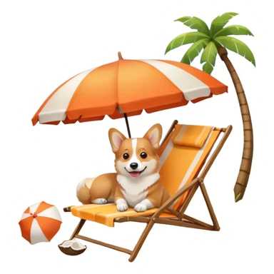 a corgi dog laied on a beach chair, a sunny beach, a sun umbrella, and beach coconut trees. the icon should capture the essence of a relaxing beach vacation with a carefree atmosphere sticker