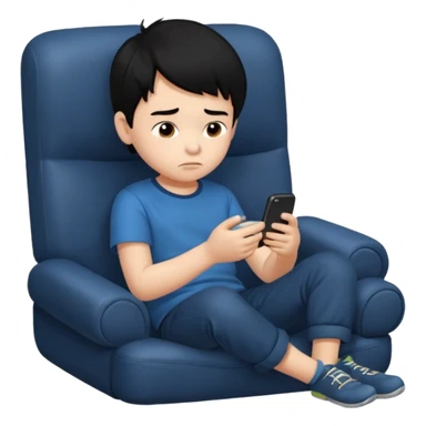 un niño de entre 3 - 10 años jugando con su celular, cansado y sentado en una habitacion apagada, el niño tiene piel blanca y cabello negro (hombre)

 sticker