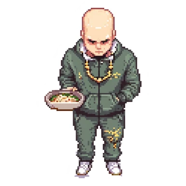 Pixel art thug in tracksuit, holding chain in Hand, bald head, angry expression, side view, retro arcade sprite 
Takes a plate of noodles in hand.  sticker