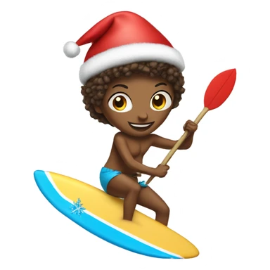 A tres riding a surfboard with a tutu and a Christmas hat sticker