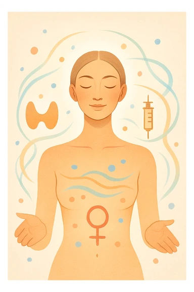  Il corpo è circondato da simboli delicati e bilanciati che rappresentano equilibrio ormonale e metabolico: piccoli cerchi, flussi energetici colorati, simboli stilizzati di tiroide, insulina, estrogeni. Pelle radiosa, postura aperta e rilassata. sticker