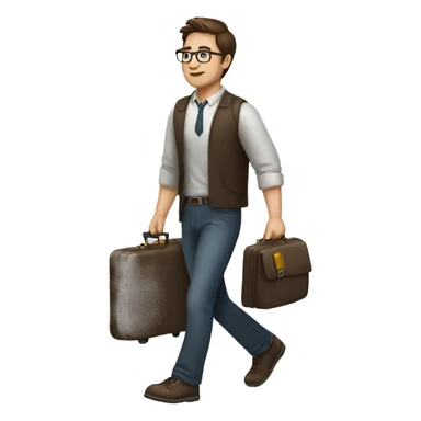 a man with brown hair and glasses walking with a suitcase sticker