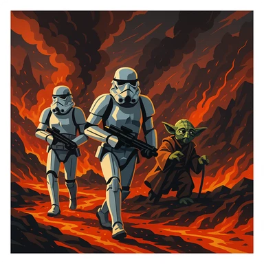 vector art of a Starwars stormtroopers is walking on lava planet with yoda, battleground background

 sticker
