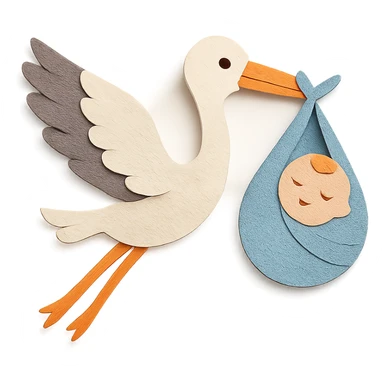 stork flying with a human baby in a bundle, paper craft style sticker