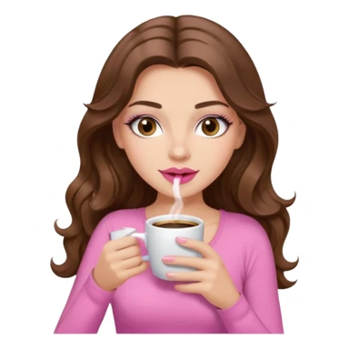 girl with long wavy brown hair, brown eyes, long lashes, pink lips, light to medium complexion, pink sexy top, sipping coffee sticker