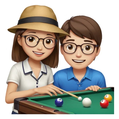 Chinese Girl without glasses and young white man with a hat and glasses brown hair playing table pool, the white man is crying and Chinese girl is smiling  sticker