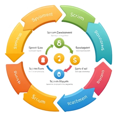 Software development scrum process cycle with sprint planning, daily standups, sprint review and retrospective in a circular flow sticker