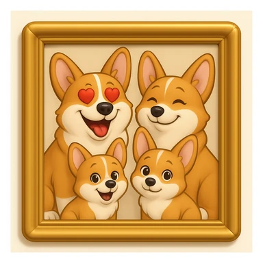 Make the lines and style of the corgi family photo match the 3D emoji look and line quality of the reference image, with smooth, soft shading and a playful, expressive feel. Keep the family photo in a decorative frame. The style should resemble the 3D emoji style with smooth and soft shading, playful and expressive. sticker