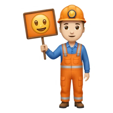 emoji style railway engineer full body in orange overalls, holding a sign in front of him sticker