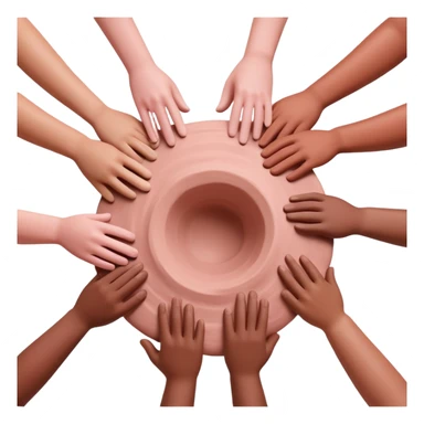 multiple hands working together to form and shape a large pink clay sculpture, collaborative pottery making sticker
