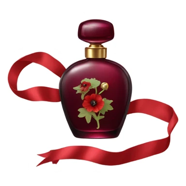 Dark red romantic perfume bottle with red anemones and a silk red ribbon sticker