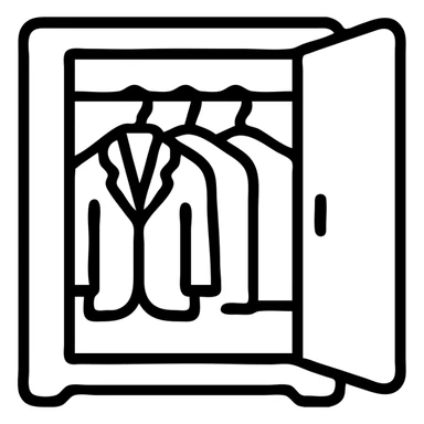 Minimalist flat design of a closet or wardrobe, slightly open showing neatly hung jackets and shirts, clean professional look sticker