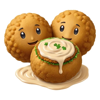 Cinematic Realistic Falafel Dish Emoji, depicted as crispy, golden falafel balls served with tahini sauce rendered with lifelike textures and vibrant, appetizing lighting. sticker