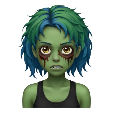 Crie um emoji de uma garota zumbi com a pele verde, como deste emoji "🧟‍♀️". Põem com uma regata de cor preta, os cabelos castanhos na altura do ombro e picotado, liso na raiz e cacheado nas pontas e com mechas azuis sticker