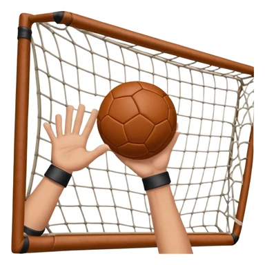 A close-up of a hand gripping a handball, with the goalposts visible in the background. The focus is on the texture of the ball and the strength of the grip, with the goal net slightly blurred to emphasize the anticipation of the throw. sticker
