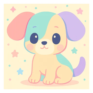 cachorro com orelhas grandes, estilo delicado e colorido de Hikaru Kotz, traços suaves, cores vibrantes, expressão curiosa, detalhes artísticos, fundo claro sticker