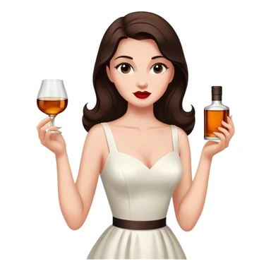 Beautiful woman in 1950’s woman fashion look, white dress, long dark brown hair, whisky sticker