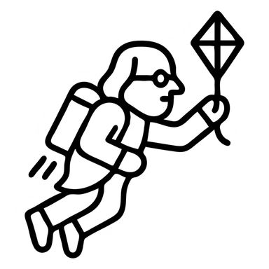 Ben Franklin flying with a jetpack, holding a small diamond kite in his left hand, minimalist black outline icon sticker