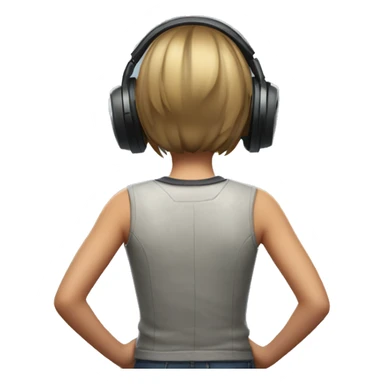 a girl with short hair winning a VR game facing the wall and showing her back sticker