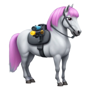 Gray horse with pink and blue hair. One of its front legs is a violet laser gun sticker
