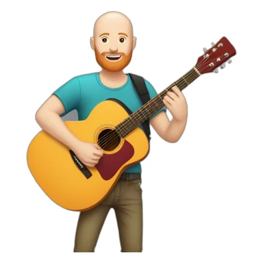 white bald guy with ginger beard playing acoustic guitar wearing a colorful t shirt sticker
