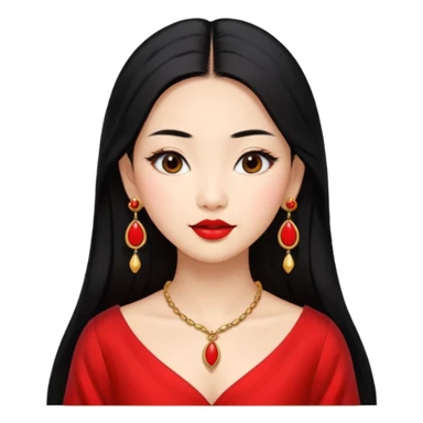 30 yr old asian woman, middle parted straight long black hair, very pretty, fancy dress, earings, red lipstick sticker