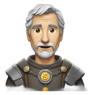 medieval coin engravers guild leader, 50 years old, grey hair, bust, has a necklace with a coin, has a coin in one hand sticker