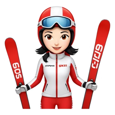 Ski racer woman, red white dress, with the name Stephanie on the dress, Ski with the name Head, black hair, smile sticker
