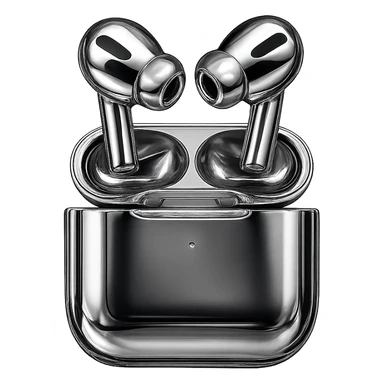 Transform the AirPods and case into a highly reflective and shiny 3D chrome metallic style, keeping all original details and colors intact, with no background. sticker