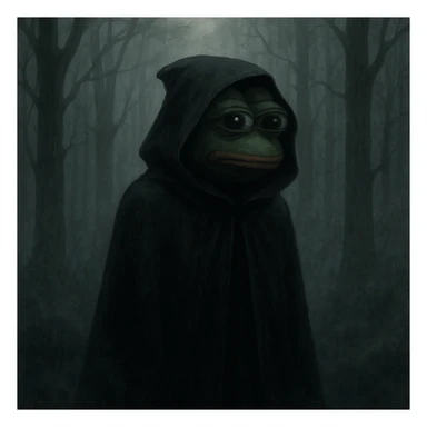 Пэпэ with a dark cloak and a mysterious aura, standing in a foggy forest sticker