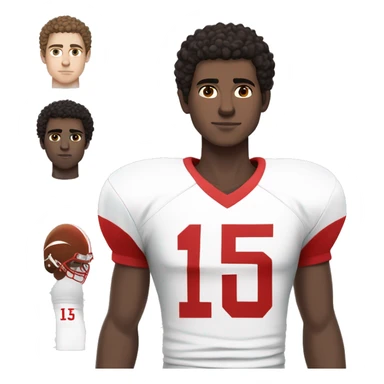 White teenage boy, tall, brownish black curly hair, dark brown eyes, medium to pale skin tone, white base football jersey with a red number 15 serious sticker