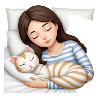 side view Brunette teenage girl sleeping with white cat that has beige stripes on a white pillow with white sheets sticker