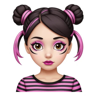 generate a pretty fair bratz girl with dark brown eyes. Dark brown hair straight hair with pink highlights tied into buns. Big eyeliner. black lipstick. Black and white striped top.  sticker