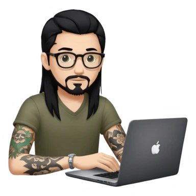 a young man with long black hair, with goatee, wearing glasses sitting with a laptop, tattoo inyout arms sticker