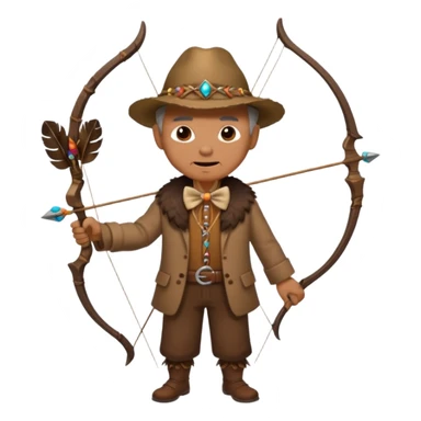 The classic image of a middle-aged uncle hunter carrying a bow, dressed in brown clothes, with some ornaments made of feathers, bones or teeth on his body. sticker