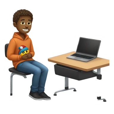 male student sitting at a school desk, a Chromebook with a throw blanket wrapped around shoulders sticker