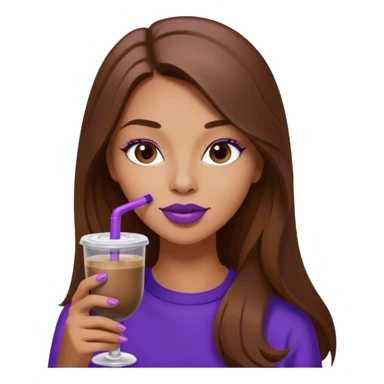 girl with long brown hair and wine lipstick drinking a blueberry butter pecan iced coffee with a purple straw  sticker