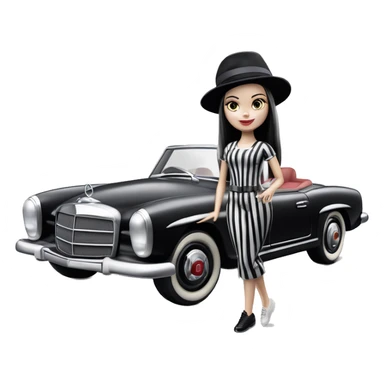 Malibu Barbie, 1965 Wednesday Addams from academy, in dark-gray and black striped outfit with hat. Smiling Driving Mercedes convertible sports car. Pale-white porcelain skin.  sticker