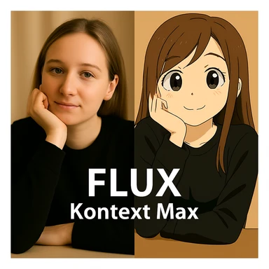 same similar image but chnage the text to "Flux Kontext Max", change people and pose too sticker