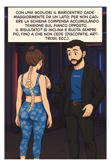 fai questa immagine in versione manga/webtoon a colori, il manga mostra la donna di spalle, mentre l'uomo le tocca la spina dorsale per spiegarle come funziona la scoliosi:
Con una scoliosi il baricentro corporeo cade maggiormente da un lato; per non cadere la schiena compensa accumulando tensione sul fianco opposto.
Il risultato? Si inclina e ruota sempre più, fino a che non cede (discopatie, artrosi, ecc) sticker