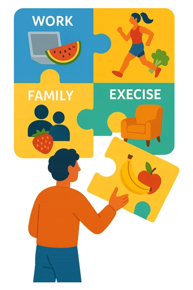 a person is surrounded by puzzle pieces, each representing a different aspect of their life (work, exercise, family, leisure), and healthy foods are integrated into each piece. The person assembles the puzzle, creating a complete, personalized nutrition plan. The mood is uplifting and creative. sticker
